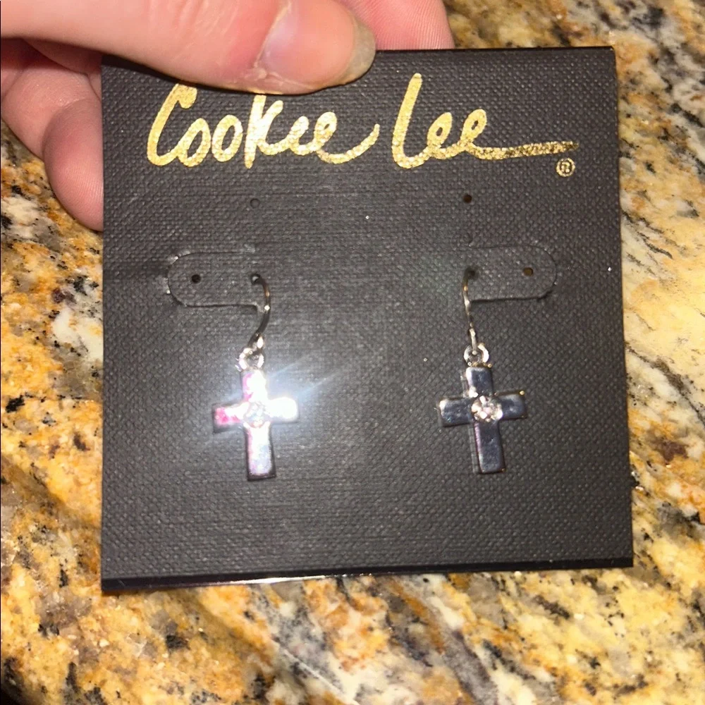 Cookie Lee Silver Cross Earrings with Genstone